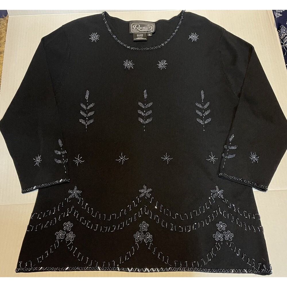 ROCHELLE California Intricate beadwork black knit vintage top Sz XL